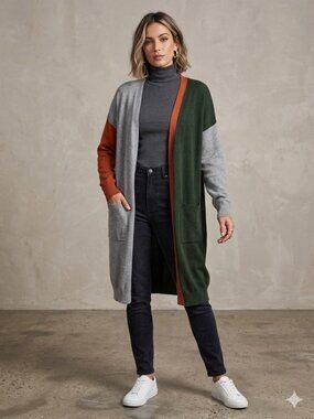 Boutique Color Block Long Line Cardigan Green Size L Neutral Minimalist Coastal